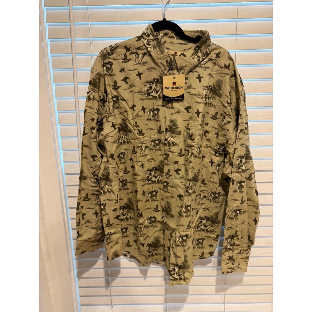 Woolrich Mens Eagleton Trail Hunting Print Shirt 2XL Tan Dogs Birds NWT 6380